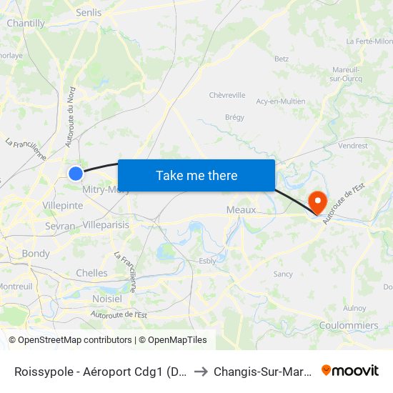 Roissypole - Aéroport Cdg1 (D1) to Changis-Sur-Marne map