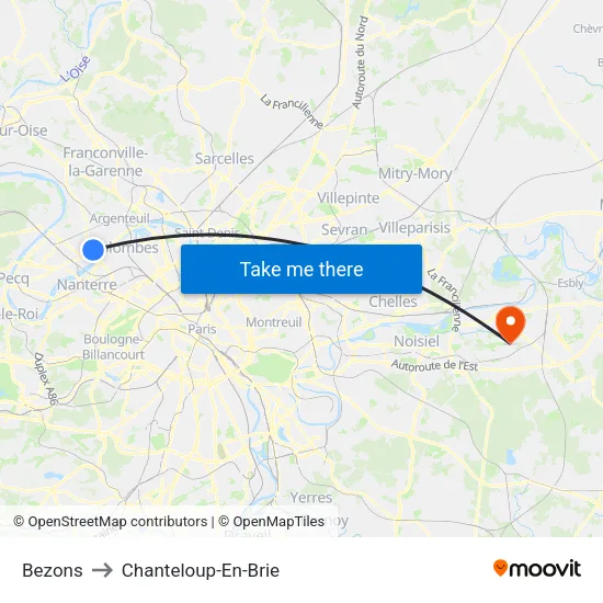 Bezons to Chanteloup-En-Brie map