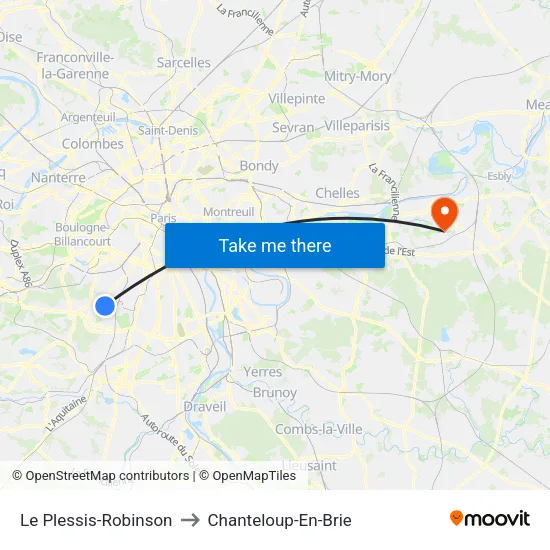 Le Plessis-Robinson to Chanteloup-En-Brie map