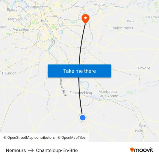 Nemours to Chanteloup-En-Brie map