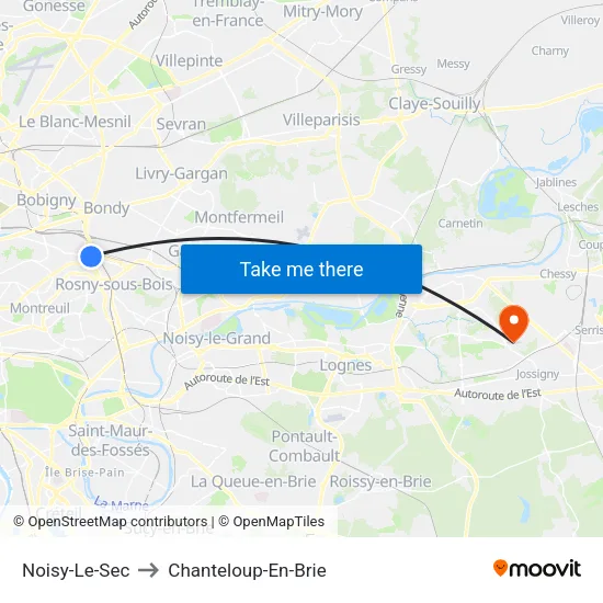 Noisy-Le-Sec to Chanteloup-En-Brie map