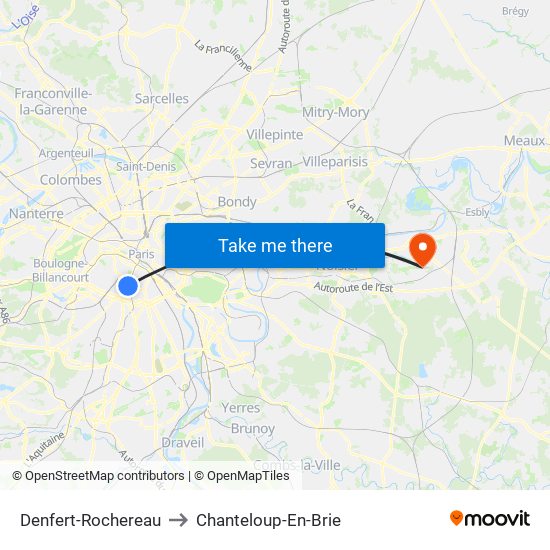 Denfert-Rochereau to Chanteloup-En-Brie map