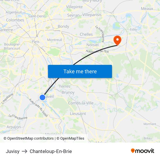Juvisy to Chanteloup-En-Brie map
