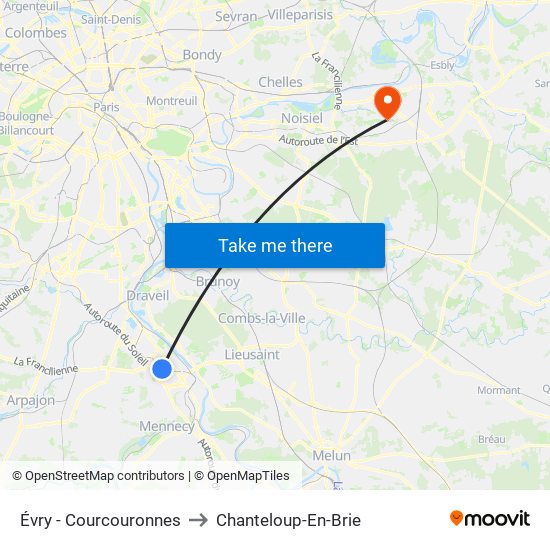 Évry - Courcouronnes to Chanteloup-En-Brie map