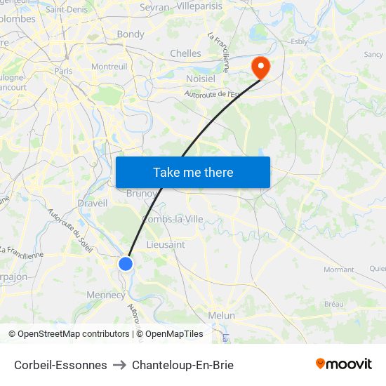 Corbeil-Essonnes to Chanteloup-En-Brie map