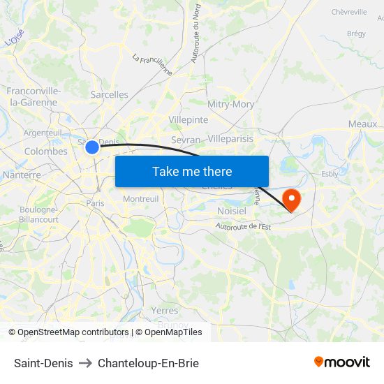 Saint-Denis to Chanteloup-En-Brie map