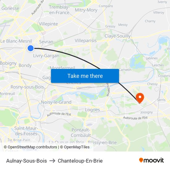 Aulnay-Sous-Bois to Chanteloup-En-Brie map