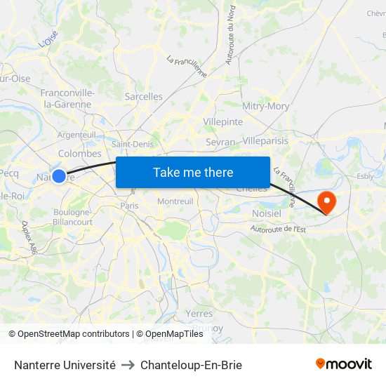 Nanterre Université to Chanteloup-En-Brie map