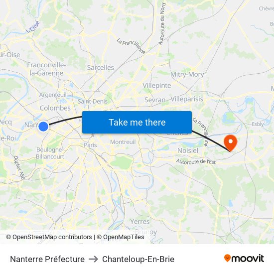 Nanterre Préfecture to Chanteloup-En-Brie map