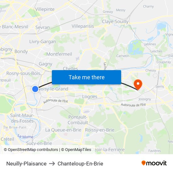 Neuilly-Plaisance to Chanteloup-En-Brie map