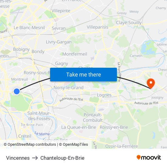 Vincennes to Chanteloup-En-Brie map