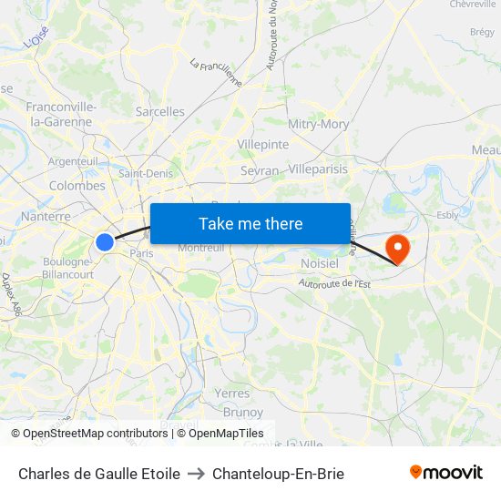 Charles de Gaulle Etoile to Chanteloup-En-Brie map