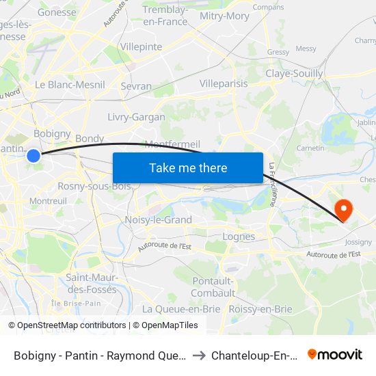 Bobigny - Pantin - Raymond Queneau to Chanteloup-En-Brie map