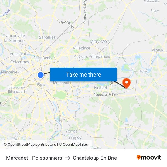 Marcadet - Poissonniers to Chanteloup-En-Brie map