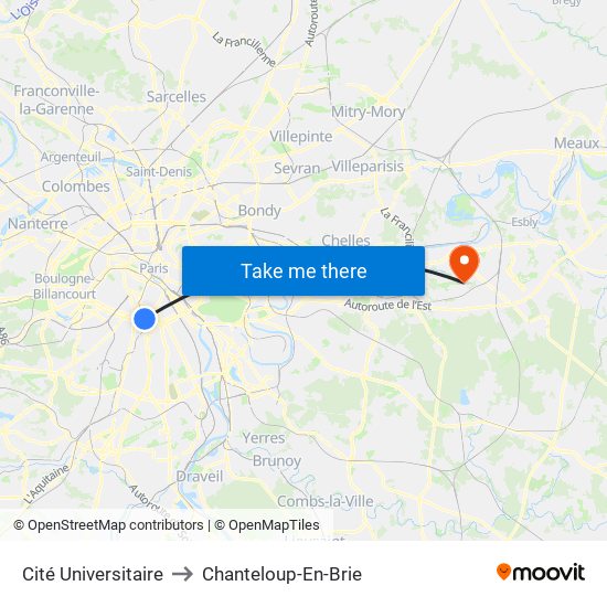 Cité Universitaire to Chanteloup-En-Brie map