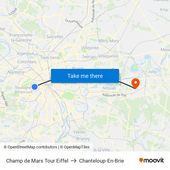 Champ de Mars Tour Eiffel to Chanteloup-En-Brie map