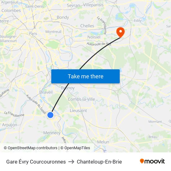 Gare Évry Courcouronnes to Chanteloup-En-Brie map