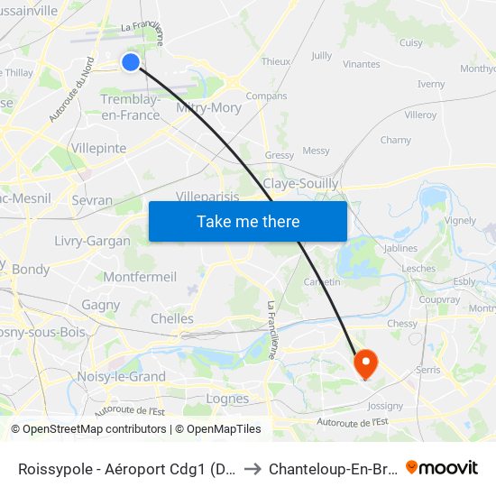 Roissypole - Aéroport Cdg1 (D3) to Chanteloup-En-Brie map