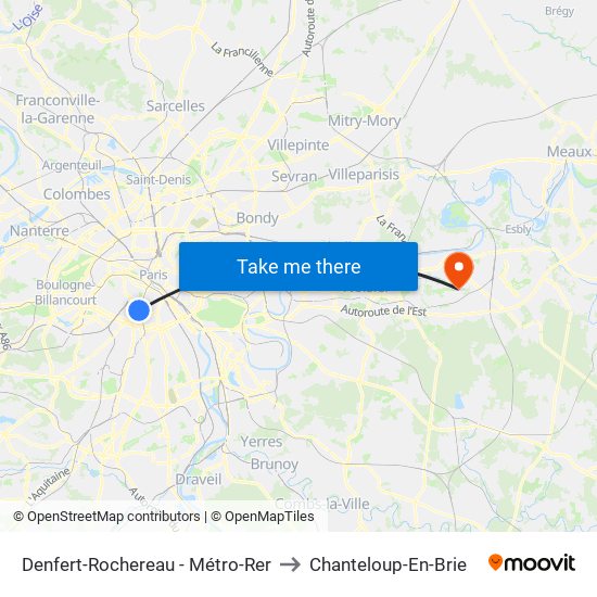 Denfert-Rochereau - Métro-Rer to Chanteloup-En-Brie map