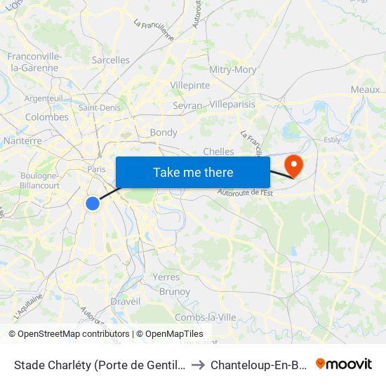 Stade Charléty (Porte de Gentilly) to Chanteloup-En-Brie map