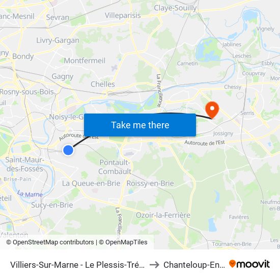 Villiers-Sur-Marne - Le Plessis-Trévise RER to Chanteloup-En-Brie map