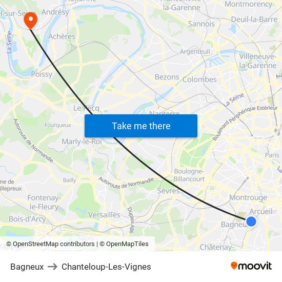 Bagneux to Chanteloup-Les-Vignes map