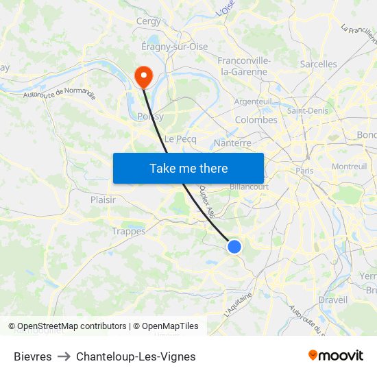Bievres to Chanteloup-Les-Vignes map