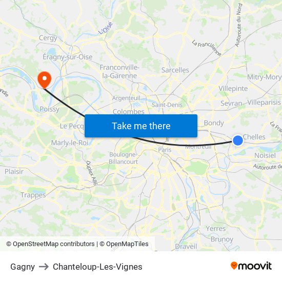 Gagny to Chanteloup-Les-Vignes map