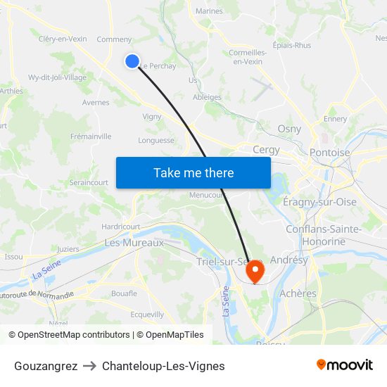 Gouzangrez to Chanteloup-Les-Vignes map