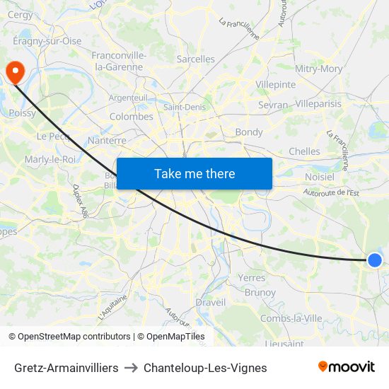 Gretz-Armainvilliers to Chanteloup-Les-Vignes map