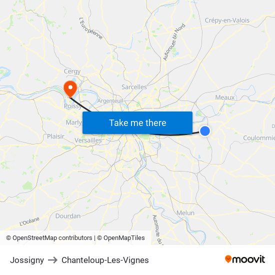 Jossigny to Chanteloup-Les-Vignes map