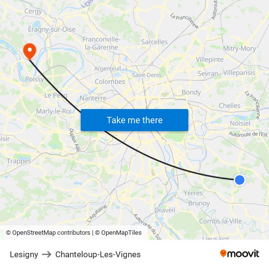 Lesigny to Chanteloup-Les-Vignes map