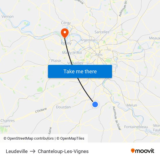 Leudeville to Chanteloup-Les-Vignes map