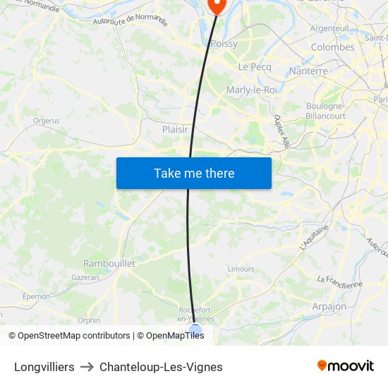 Longvilliers to Chanteloup-Les-Vignes map