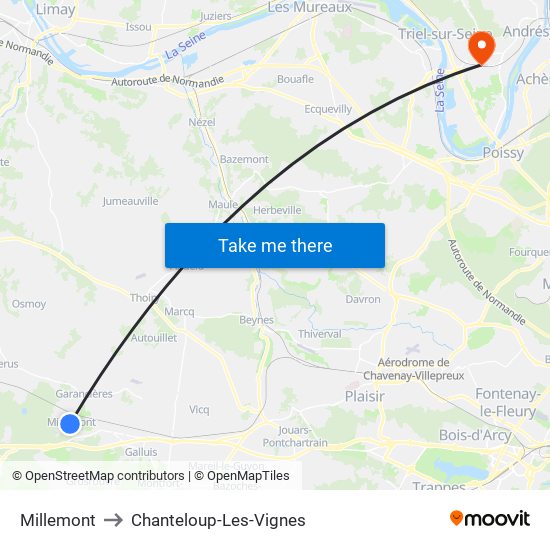 Millemont to Chanteloup-Les-Vignes map