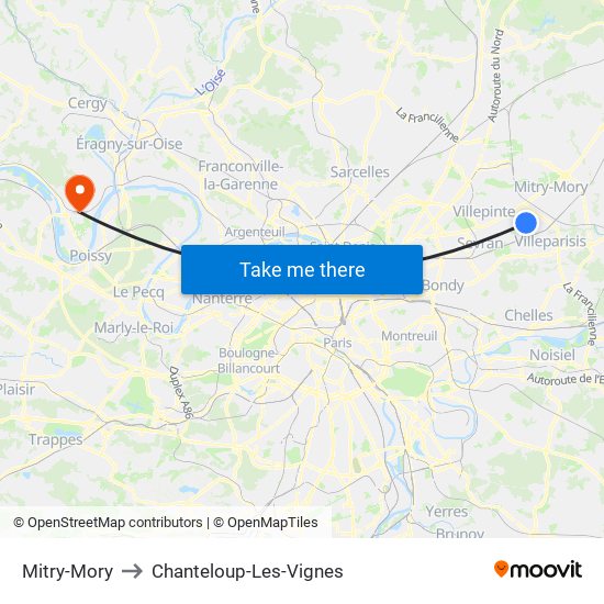 Mitry-Mory to Chanteloup-Les-Vignes map