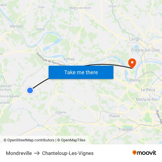 Mondreville to Chanteloup-Les-Vignes map