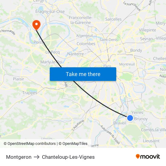 Montgeron to Chanteloup-Les-Vignes map