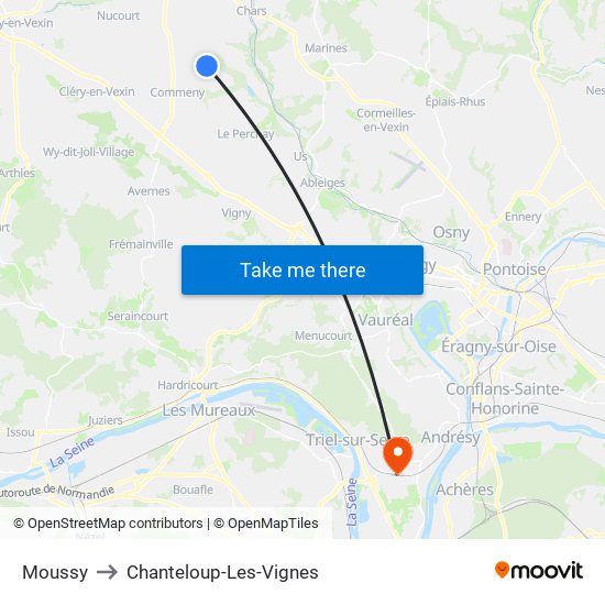 Moussy to Chanteloup-Les-Vignes map
