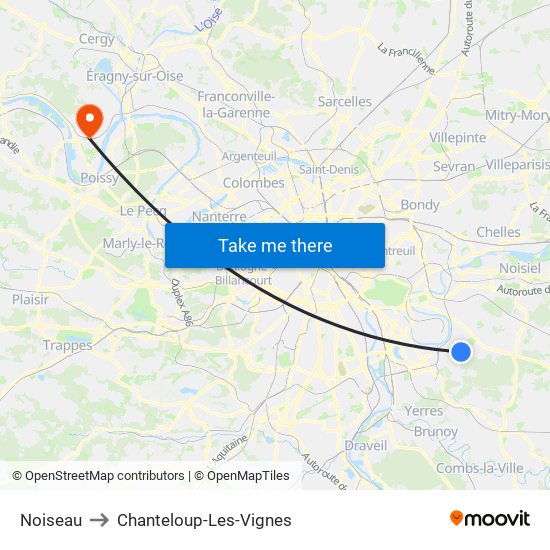 Noiseau to Chanteloup-Les-Vignes map