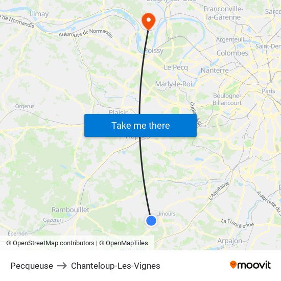 Pecqueuse to Chanteloup-Les-Vignes map