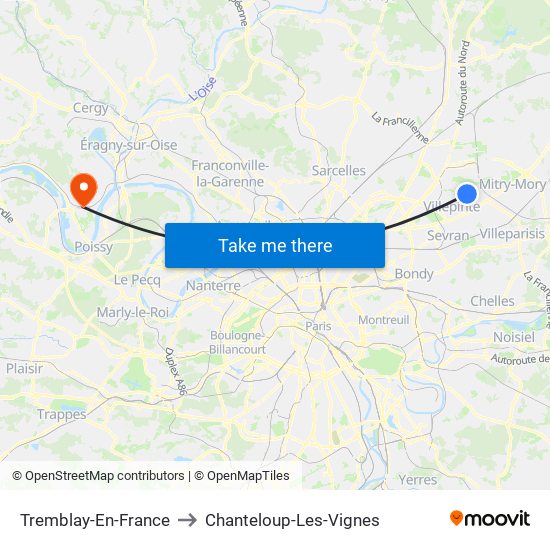 Tremblay-En-France to Chanteloup-Les-Vignes map
