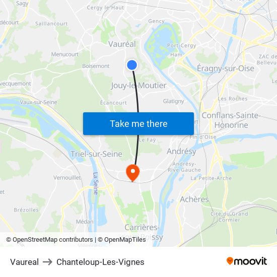 Vaureal to Chanteloup-Les-Vignes map