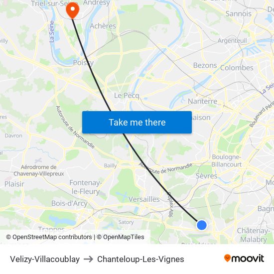 Velizy-Villacoublay to Chanteloup-Les-Vignes map