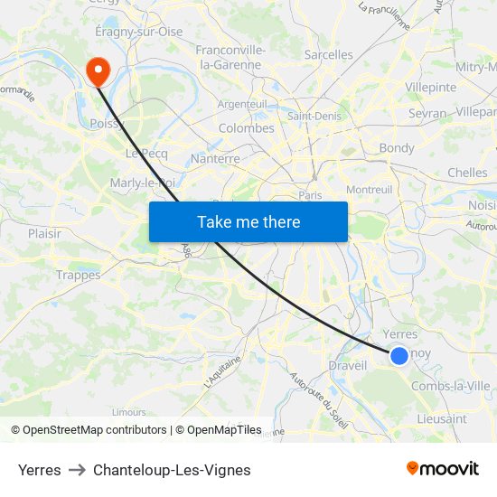 Yerres to Chanteloup-Les-Vignes map