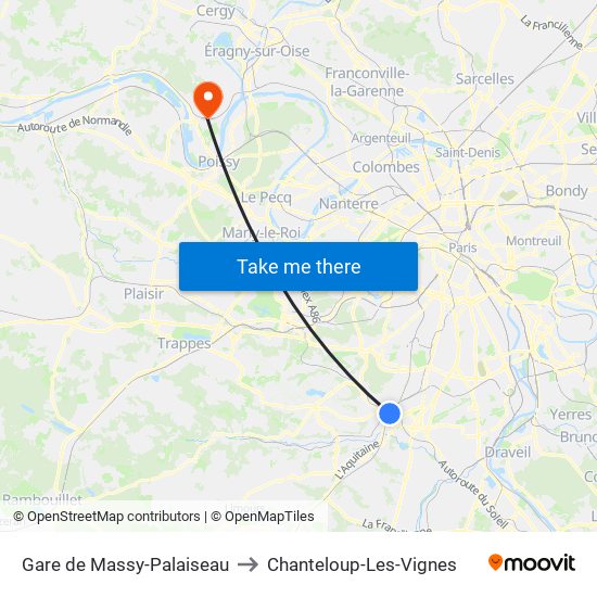 Gare de Massy-Palaiseau to Chanteloup-Les-Vignes map