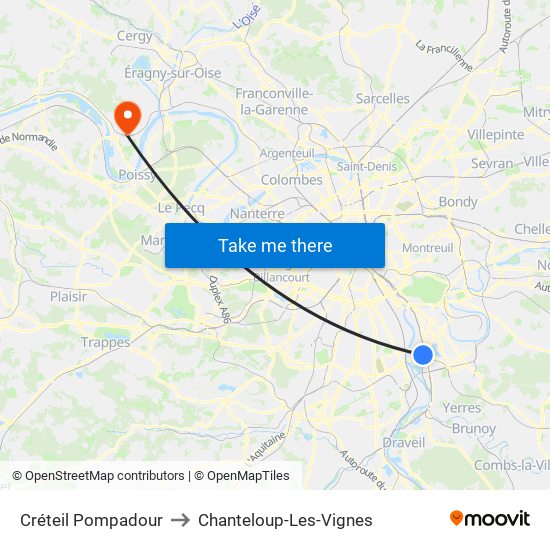 Créteil Pompadour to Chanteloup-Les-Vignes map