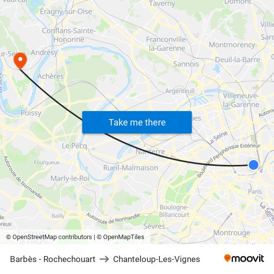 Barbès - Rochechouart to Chanteloup-Les-Vignes map