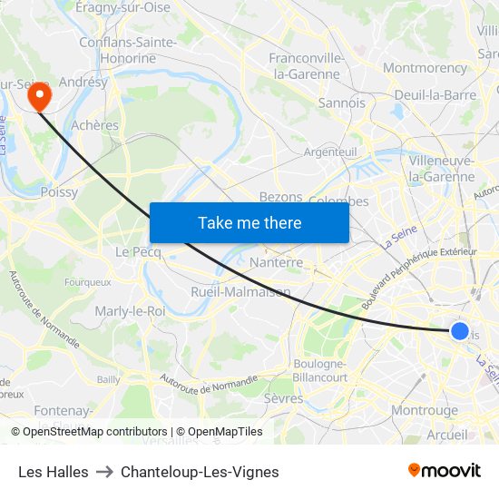 Les Halles to Chanteloup-Les-Vignes map