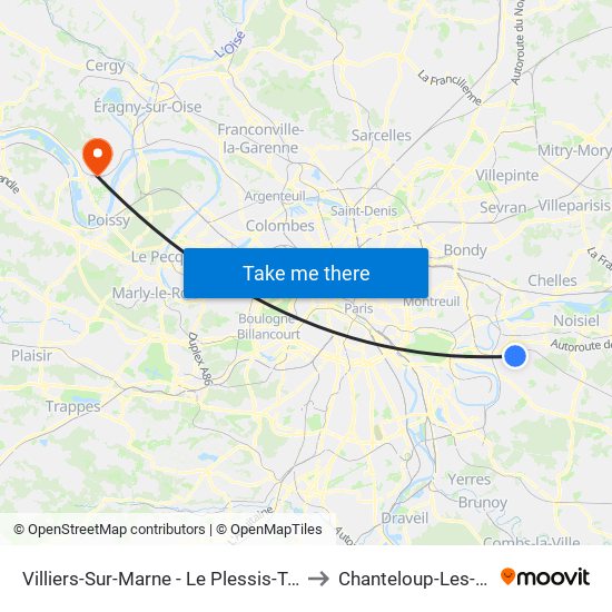 Villiers-Sur-Marne - Le Plessis-Trévise RER to Chanteloup-Les-Vignes map